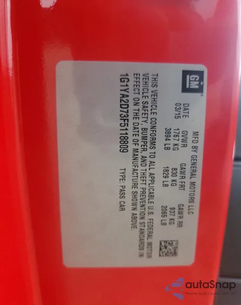 2015 Chevrolet Corvette Stingray 1Lt z USA, uszkodzony, nr VIN 1G1YA2D73F5118809